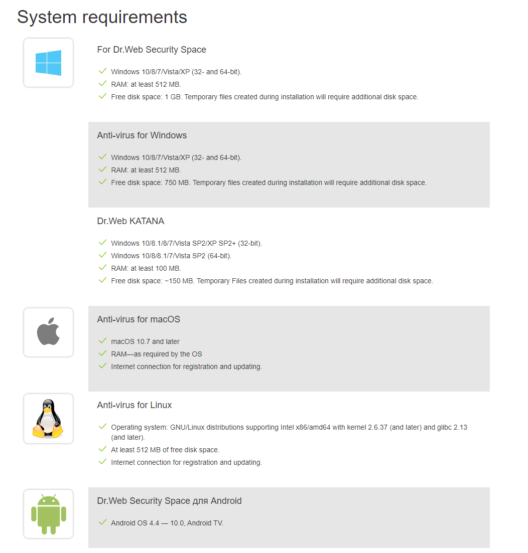 Comprehensive protection Windows 10/8.1/8/7/Vista SP2/XP SP2+ (32-bit) Windows 10/8.1/8/7/Vista SP2 (64-bit) GNU/Linux for Intel x86/amd64 with kernel 2.6.37 (and later) and glibc 2.13 (and later) macOS 10.7 and later Windows, MS DOS, OS/2 KATANA: Windows 10/8.1/8/7/Vista SP2/XP SP2+ (32-bit) Windows 10/8.1/8/7/Vista SP2 (64-bit)